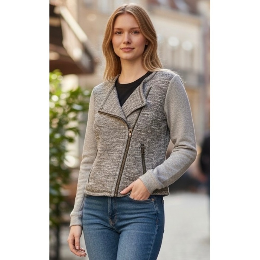 Hinge Womens Olive Gray Tweed Mixed Media Asymmetric Zip Moto Jacket Size S